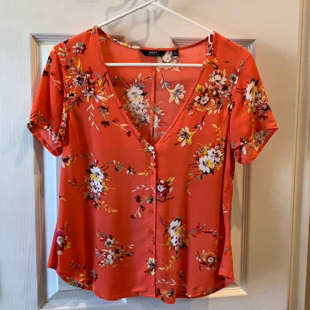 Obey Coral Floral Button Down Blouse